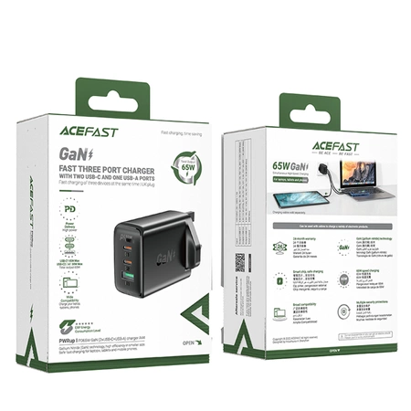 Acefast charger GaN 65W 3 ports (1xUSB, 2xUSB C PD) UK plug black (A44)