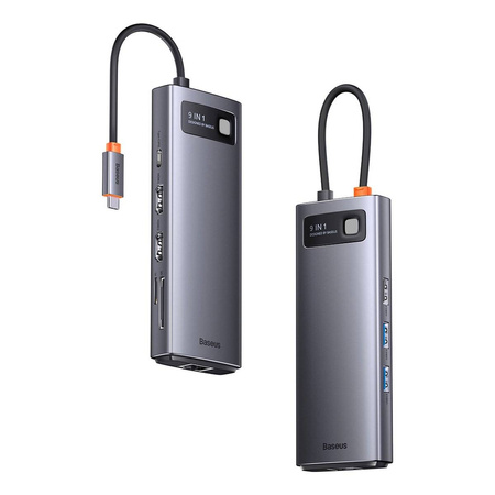 Baseus Metal Gleam Series Dockingstation HUB 9 in 1 USB Typ C - 2 x HDMI / 2 x USB 3.2 Gen. 1/1 x USB 2.0 / 1 x Stromversorgung / 1 x SD-Kartenleser / 1 x TF-Kartenleser / 1 x RJ-45 grau (WKWG060013)