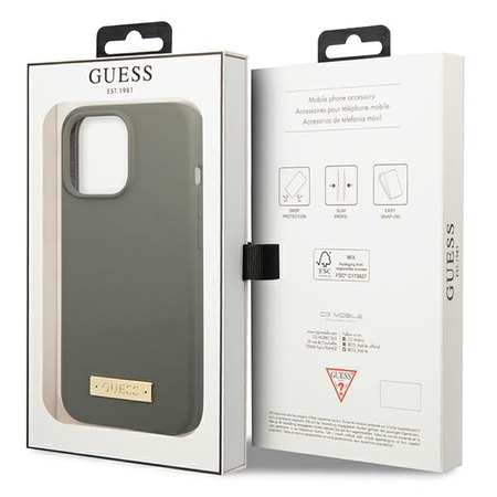 Original Case IPHONE 13 PRO Guess Hard Case Silicone Logo Plate MagSafe (GUHMP13LSPLG) gray