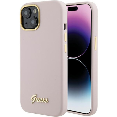 Guess Silikon Script Metal Logo &amp; Frame Hülle für iPhone 15 – Rosa