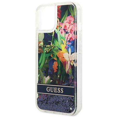 Case IPHONE 14 Guess Hardcase Flower Liquid Glitter blue