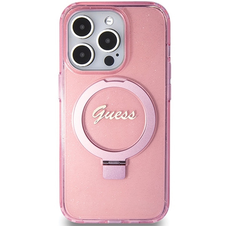 Guess Ring Stand Script Glitter MagSafe case for iPhone 15 Pro - pink