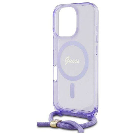 Original Handyhülle IPHONE 16 PRO Guess Hardcase Crossbody Cord Script MagSafe (GUHMP16LHCTSGNSU) violett