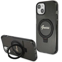 Guess Ring Stand Script Glitter MagSafe Hülle für iPhone 15 Plus / 14 Plus – Schwarz