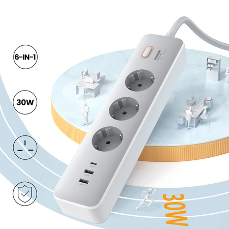 Ugreen CD286 Verlängerungskabel 3x AC 2x USB-A 1x USB-C 30W mit Schalter - Weiß