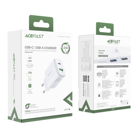 Acefast wall charger USB Type C / USB 20W, PPS, PD, QC 3.0, AFC, FCP white (A25 white)