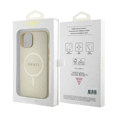 Original Case APPLE IPHONE 15 Guess Hardcase Saffiano MagSafe (GUHMP15SPSAHMCB) gold