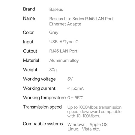 Baseus Lite Series zewnętrzna karta sieciowa USB-A - RJ-45 1Gbps (1000Mbps) szary (WKQX000113)