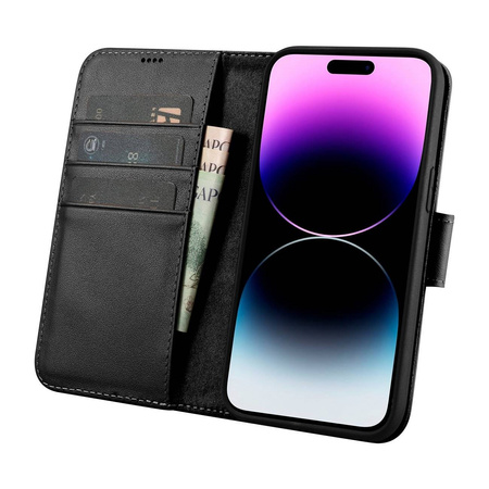 iCarer Wallet Case 2in1 etui iPhone 14 Pro skórzany pokrowiec z klapką Anti-RFID czarny (WMI14220726-BK)