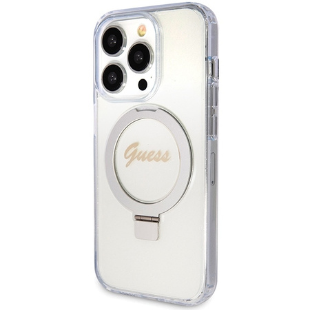 Guess Ring Stand Script Glitter MagSafe case for iPhone 15 Pro Max - transparent