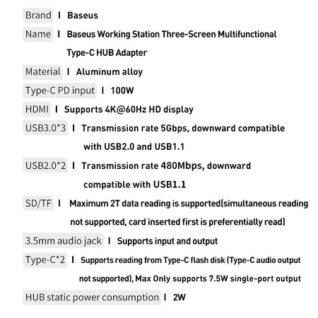 Baseus wielofunkcyjny HUB 3x USB 3.2 Gen 1 / 2x USB Typ C / czytnik kart SD i micro SD / AUX / 2x DisplayPort / 2x HDMI / RJ45 1Gbps Power Delivery 100W (wtyczki EU / CN / UK) szary (CAHUB-DG0G)