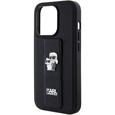 Karl Lagerfeld Gripstand Saffiano Karl&amp;Choupette Pins case for iPhone 15 Pro Max - black