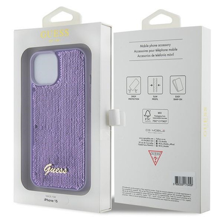 Guess Sequin Script Metal case for iPhone 15 - purple