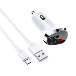 Ładowarka Samochodowa 2,4A 2xUSB z Wyświetlaczem LCD + Kabel Micro USB 1m Borofone BZ15 biały