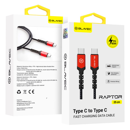 Blavec Kabel Raptor pleciony - Typ C na Typ C - PD 60W 3A 0,25 metra (CRA-CC3BR025) czarno-czerwony