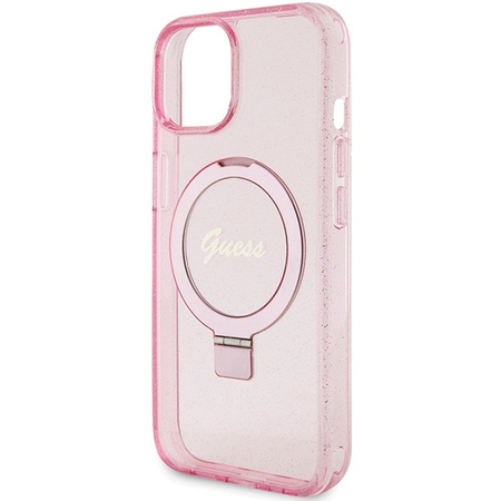 Guess Ring Stand Script Glitter MagSafe-Hülle für iPhone 15 Plus / 14 Plus – Rosa