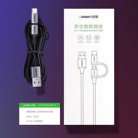 Ugreen kabel przewód 2w1 USB - micro USB / USB Typ C 1m 2,4A czarny (30875)