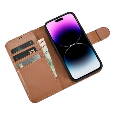 iCarer Wallet Case 2in1 etui iPhone 14 Pro skórzany pokrowiec z klapką Anti-RFID brązowy (WMI14220726-BN)