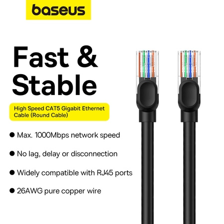 Baseus High Speed ​​Cat 5 RJ-45 1000 Mbit/s Ethernet-Kabel 10 m rund – Schwarz