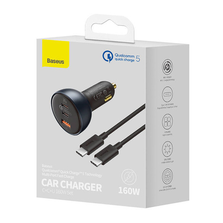 Baseus Qualcomm Car Charger, USB, 2x USB-C, 160W (Grey)