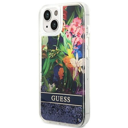 Case IPHONE 14 Guess Hardcase Flower Liquid Glitter blue