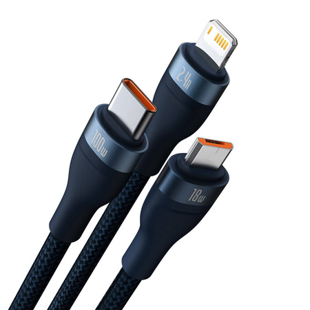 Baseus Flash Series Ⅱ One-for-three Fast Charging Data Cable USB to M+L+C 100W 1.2m Blue