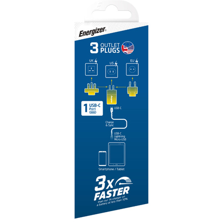 Energizer Ultimate - Ładowarka sieciowa Multiplug EU / UK / US GaN USB-C 20W PD (Niebieski)