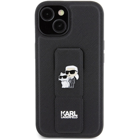 Karl Lagerfeld Gripstand Saffiano Karl&amp;Choupette Pins case for iPhone 15 Plus / 14 Plus - black