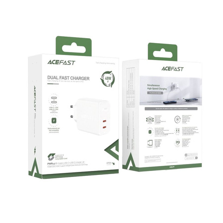 Acefast charger 2x USB Type C 40W, PPS, PD, QC 3.0, AFC, FCP white (A9 white)