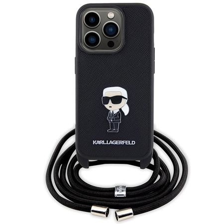 Karl Lagerfeld Umhängetasche mit Saffiano-Monogramm und Metallnadel, Karl &amp; Choupette-Hülle für iPhone 15 Pro – Schwarz