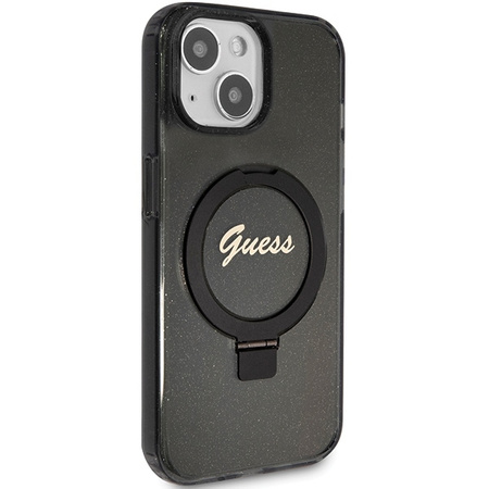 Guess Ring Stand Script Glitter MagSafe Hülle für iPhone 15 Plus / 14 Plus – Schwarz