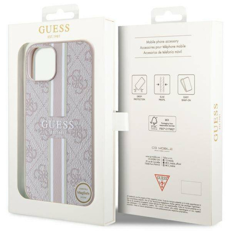 Oryginalne Etui IPHONE 13 / 14 / 15 Guess Hardcase 4G Printed Stripes MagSafe (GUHMP15SP4RPSP) różowe