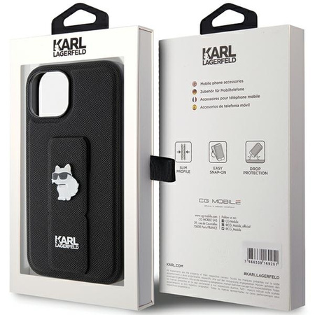 Karl Lagerfeld Gripstand Saffiano Choupette Pins Case for iPhone 15 Plus / 14 Plus - Black