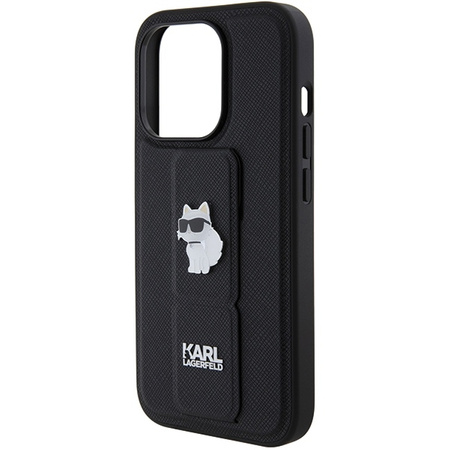 Karl Lagerfeld Gripstand Saffiano Choupette Pins case for iPhone 15 Pro Max - black