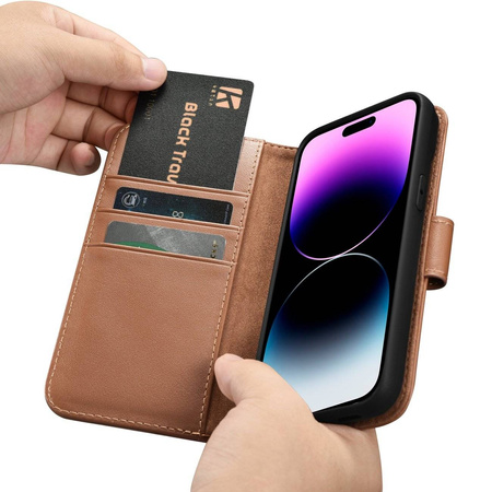 iCarer Wallet Case 2in1 etui iPhone 14 Pro Max skórzany pokrowiec z klapką Anti-RFID brązowy (WMI14220728-BN)