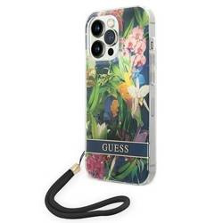 Original Handyhülle IPHONE 14 PRO MAX Guess Hardcase Flower Strap (GUOHCP14XHFLSB) blau