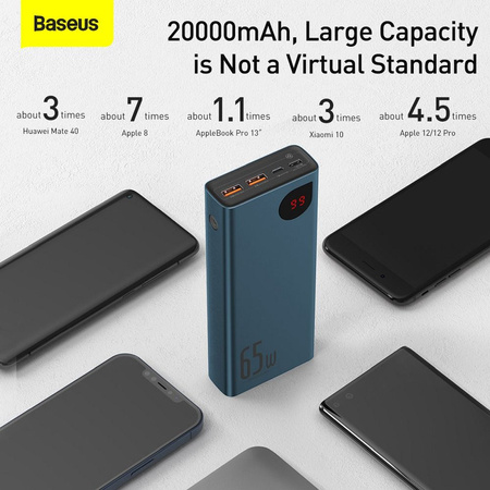 Baseus Adaman power bank 2x USB / 1x USB Typ C / 1x micro USB 20000mAh 65W Quick Charge 4.0 Power Delivery niebieski (PPIMDA-D03)