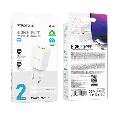 Borofone Ładowarka sieciowa BN14 Royal GaN - USB + Typ C - QC 3.0 PD 30W z kablem Typ C na Lightning biała