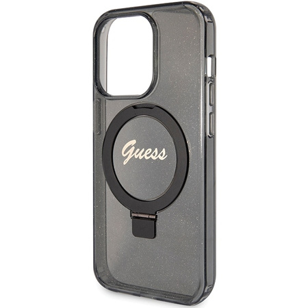 Guess Ring Stand Script Glitter MagSafe Hülle für iPhone 15 Pro – Schwarz