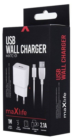 Ładowarka sieciowa zasilacz 2.1A Maxlife +kabel Micro USB Fast Charge biała