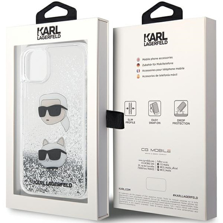 Original Handyhülle IPHONE 11 / XR Karl Lagerfeld Hardcase Liquid Glitter Karl & Choupette Heads (KLHCN61LDHKCNS) silber