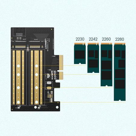 Ugreen karta rozszerzeń adapter PCIe 3.0 x4 do SSD M.2 M-Key / M.2 B-Key czarna (CM302)