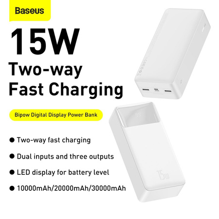 Baseus Bipow Powerbank mit Display 30000mAh 15W weiß (Overseas Edition) + USB-A - Micro USB Kabel 0,25m weiß (PPBD050202)