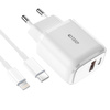 Wall Charger 20W USB-C PD + USB QC3.0 + Cable 1m USB-C - Lightning Tech-Protect C65W white