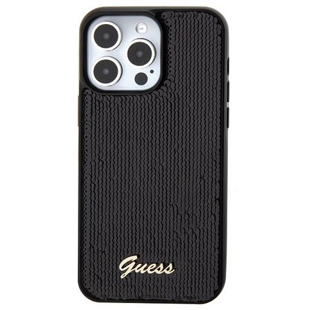 Guess Pailletten Script Metallhülle für iPhone 15 Pro – Schwarz