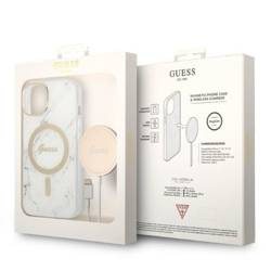 Guess Bundle Pack MagSafe IML Marble - Zestaw etui + ładowarka MagSafe iPhone 14 Plus (biały/złoty)