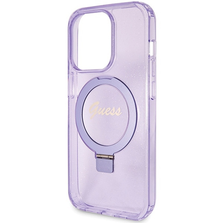 Guess Ring Stand Script Glitter MagSafe case for iPhone 15 Pro Max - purple