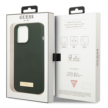 Original Case IPHONE 13 PRO Guess Hard Case Silicone Logo Plate MagSafe (GUHMP13LSPLA) green