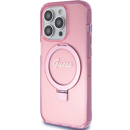 Guess Ring Stand Script Glitter MagSafe case for iPhone 15 Pro - pink