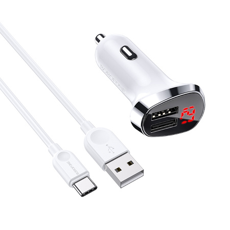 Borofone Ładowarka samochodowa BZ15 Auspicious - 2xUSB - 2,4A z kablem USB na Typ C biała